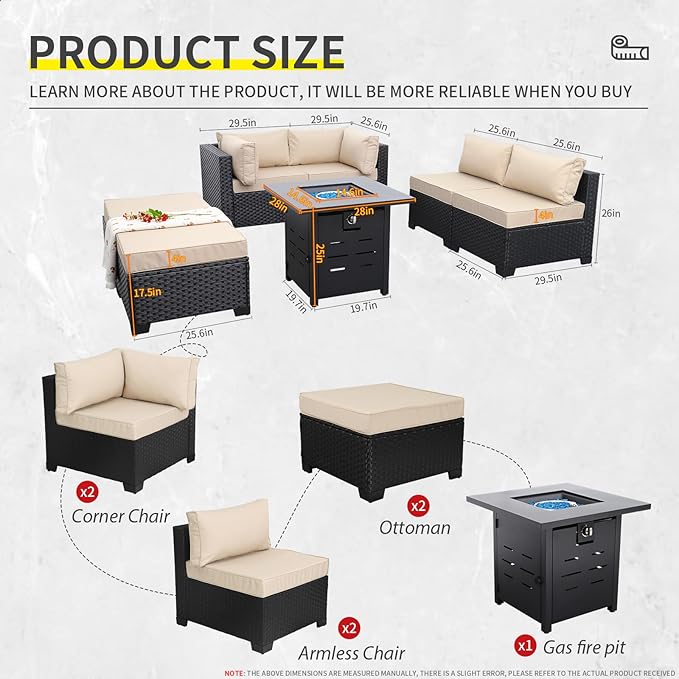 Lviden 7 Pieces Outdoor PE Wicker Furniture Set Patio Rattan Sectional Conversation Sofa Set with Khaki Cushions and Fire Pit Table