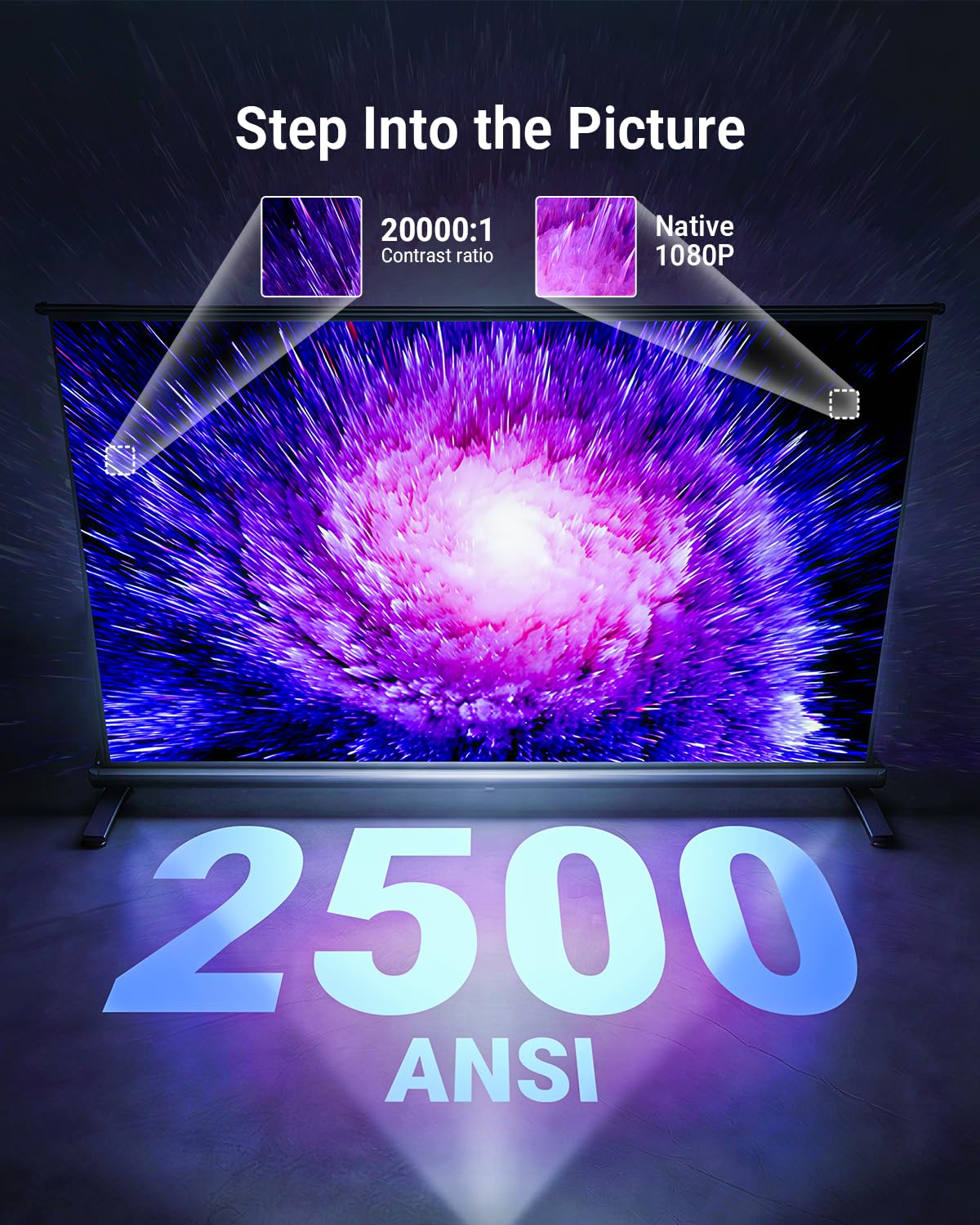 Smart Projector [Built in Google TV and 4K Support] with WiFi and Bluetooth, 2500ANSI, Auto Lens Cap, Portable Outdoor Movie Projector with Built-in Apps Auto Focus for Ceiling/Home Theater/Bedroom
