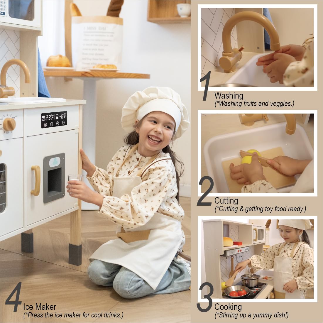 Freniland Wooden Play Kitchen, Kitchen Playset for Kids with Realistic Stove, Range Hood, Oven, Ice Maker, Microwave, Sink, with Light & Sound, 18 Accessories, Pretend Toy Kitchen, Gift for Ages 3+