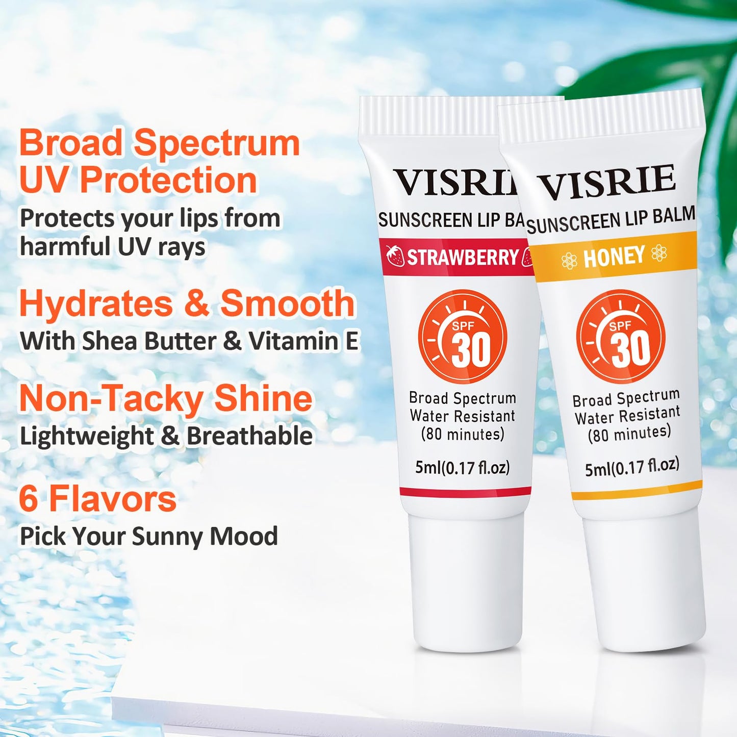 VISRIE SPF 30 Lip Sunscreen, SPF Lip Balm Bulk 6 Pack, Moisturizing Sunscreen Lip Balm with Vitamin E and Shea Butter, Non-Stick