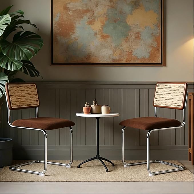 Zesthouse Rattan Dining Chairs Set of 2, Mid Century Modern Dining Room Chairs with Natural Cane Mesh & Chrome Base, Brown Cesca Chair for Kitchen, Breuer Design Inspired, Upholstered Chenille Fabric
