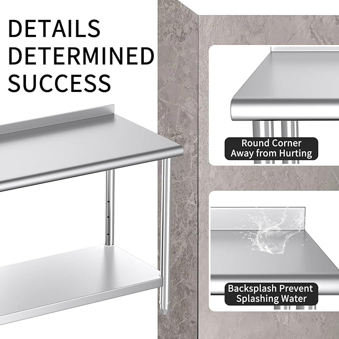 Mioleu Commercial Stainless Steel Table 48 x 24 Inches Heavy Duty Prep & Work Metal Desk with Blacksplash & Adjustable Undershelf for Kitchen Restaurant Home Garage Warehouse