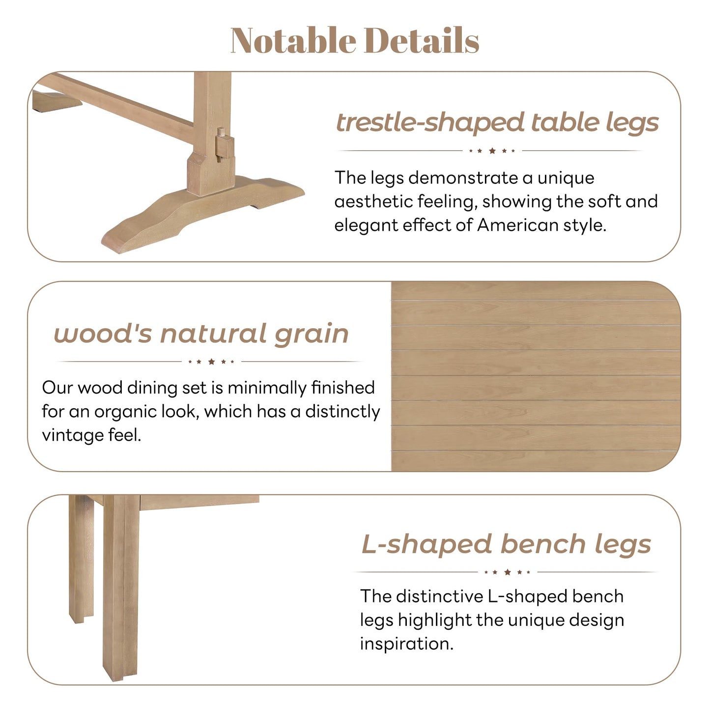 Harper & Bright Designs 3 Pieces Dining Table Set with Bench, Retro Rectangular Trestle Table and 2 Wood Benches for 4 People for Dining Room and Kitchen (Natural Wood)