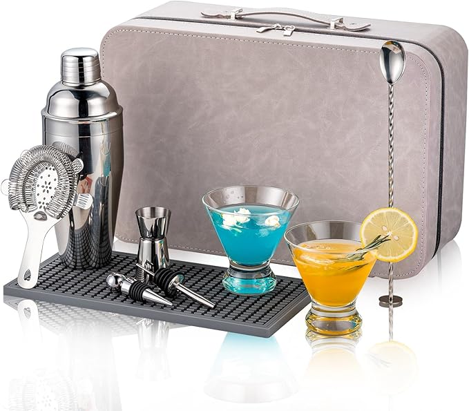 USEEKRIL Travel Martini Kit with 2 Glasses,Travel Bartender Kit with Case Recipe Cards, Cocktail Shaker Set for Cocktail M...