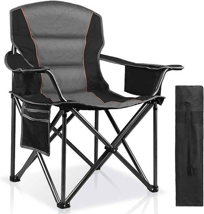 LANMOUNTAIN Oversized Padded Camping Chairs for Adults,Heavy Duty Support 400 Lbs,Folding Portable Lawn Chair w/Cup Holder,Cooler Bag,Side Pocket,Perfect for Outdoor Picnic,Hiking(Black)