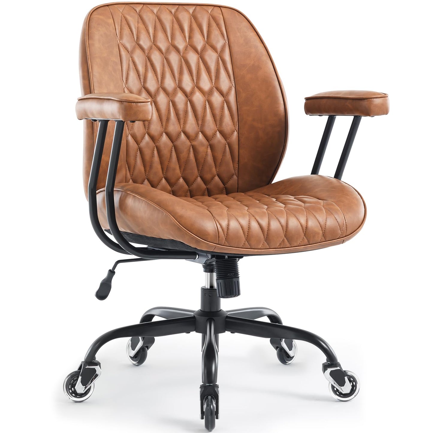 Home Office Desk Chair Mid-Century Modern Faux Leather Chair with Lumbar Support, Mid Back Ergonomic Computer Chair Swivel Rolling Executive Armchair