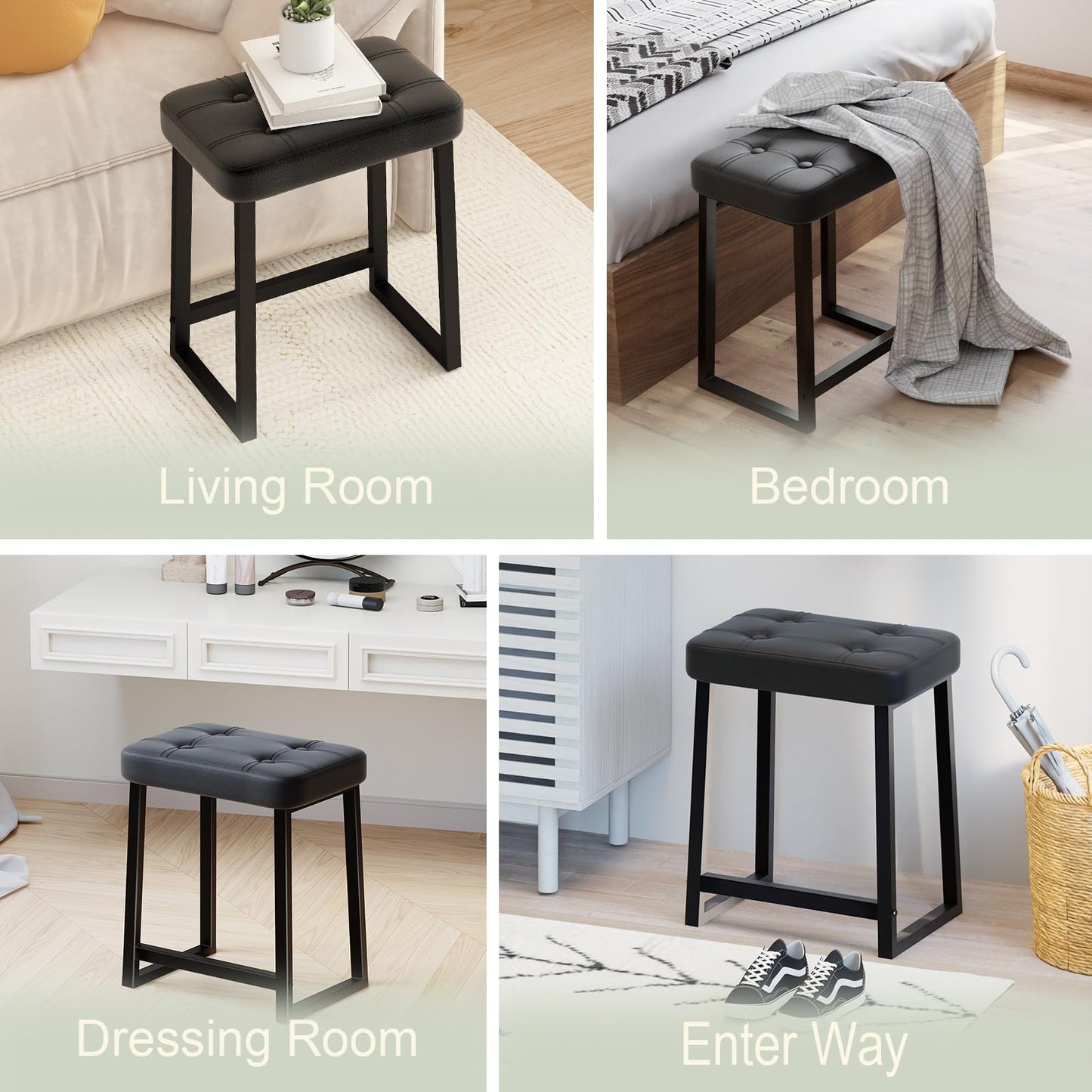 iTsst Vanity Stool Chair, Makeup Stool for Vanity,Small Ottoman Footrest for Living Room, Bathroom, Bedroom, Entryway, Offices，Leather &Metal Legs with Anti-Slip Feet, Black