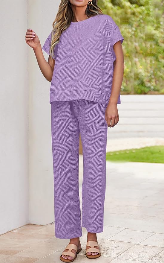 PRETTYGARDEN 2 Piece Outfits For Women Casual Tracksuit Short Sleeve Tops And Wide Leg Long Pants Matching Lounge Sets