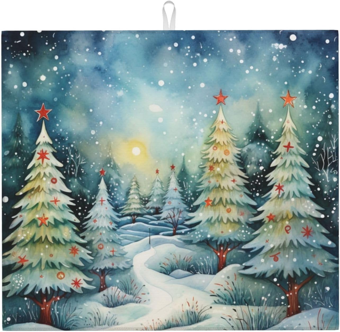 Dish Drying Mat Christmas Tree Watercolor Winter Forest for Kitchen Counter Absorbent 16x18 Inch Microfiber Dishes Plate Glass Dry Draining Pad Reversible Washable