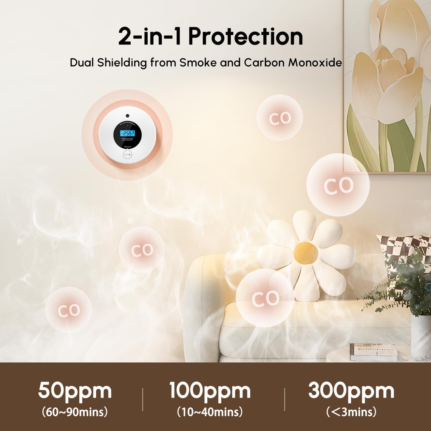 2 Pack 10 Year Battery Smoke and Carbon Monoxide Detector, Slim Smoke Alarm CO Detector with Large LCD Display, Adhesive or Screw Installation