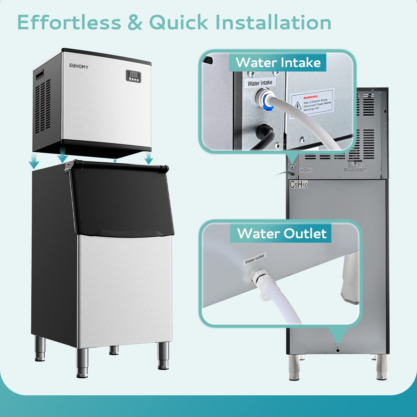 EUHOMY Commercial Ice Maker Machine, 450 lbs/24H Industrial Ice Machine with 250 lbs Storage Bin, ETL Approved Stainless Steel Clear Ice Maker for Bar, Cafe & Restaurant
