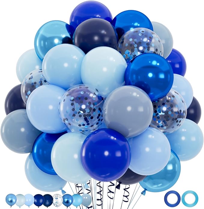 100pcs Blue Balloons Set - 12inch Metallic Chrome, Pearl, Navy & Pastel Royal Dusty Blue Balloons for Birthdays, Father's ...