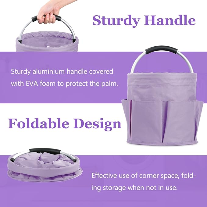 17L Portable Shower Caddy for Women, Foldable Cleaning Caddy with Handle and 6 Pockets, 600D Oxford Fabric Garden Tool Bag, Multifunctional Storage Basket for College, Dorm, Family, Purple