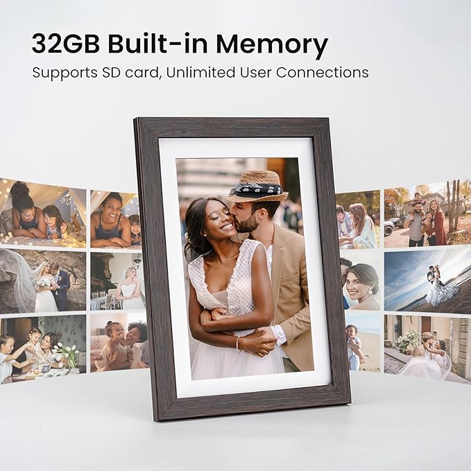32GB Frameo Digital Picture Frame, 10.1 Inch WiFi Digital Photo Frame, 1280x800 IPS Touch Screen, Send Photos/Videos via Free App from Anywhere(Brown)