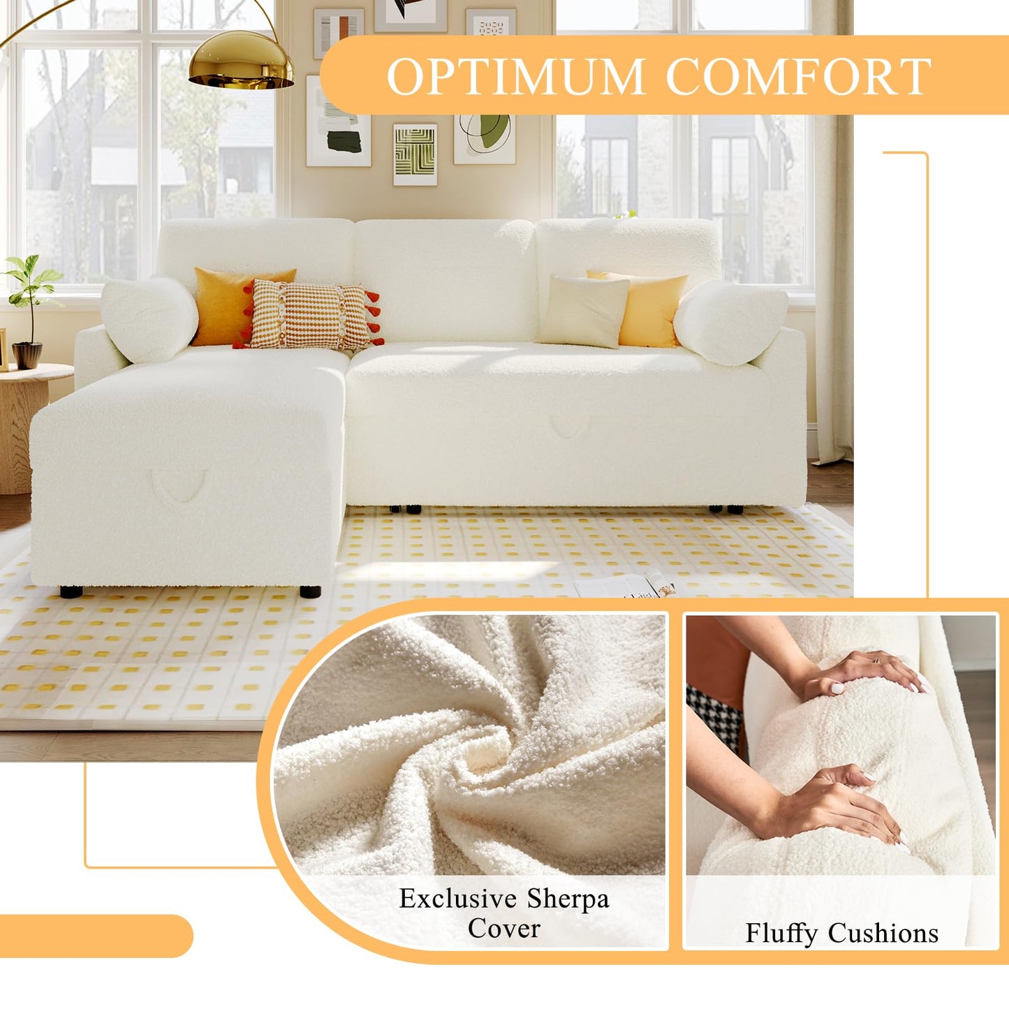 VanAcc Sofa Bed, Sleeper Sofa- 2 in 1 Pull Out Couch Bed with Storage Chaise for Living Room, White Sherpa 84in x 59in x 39in