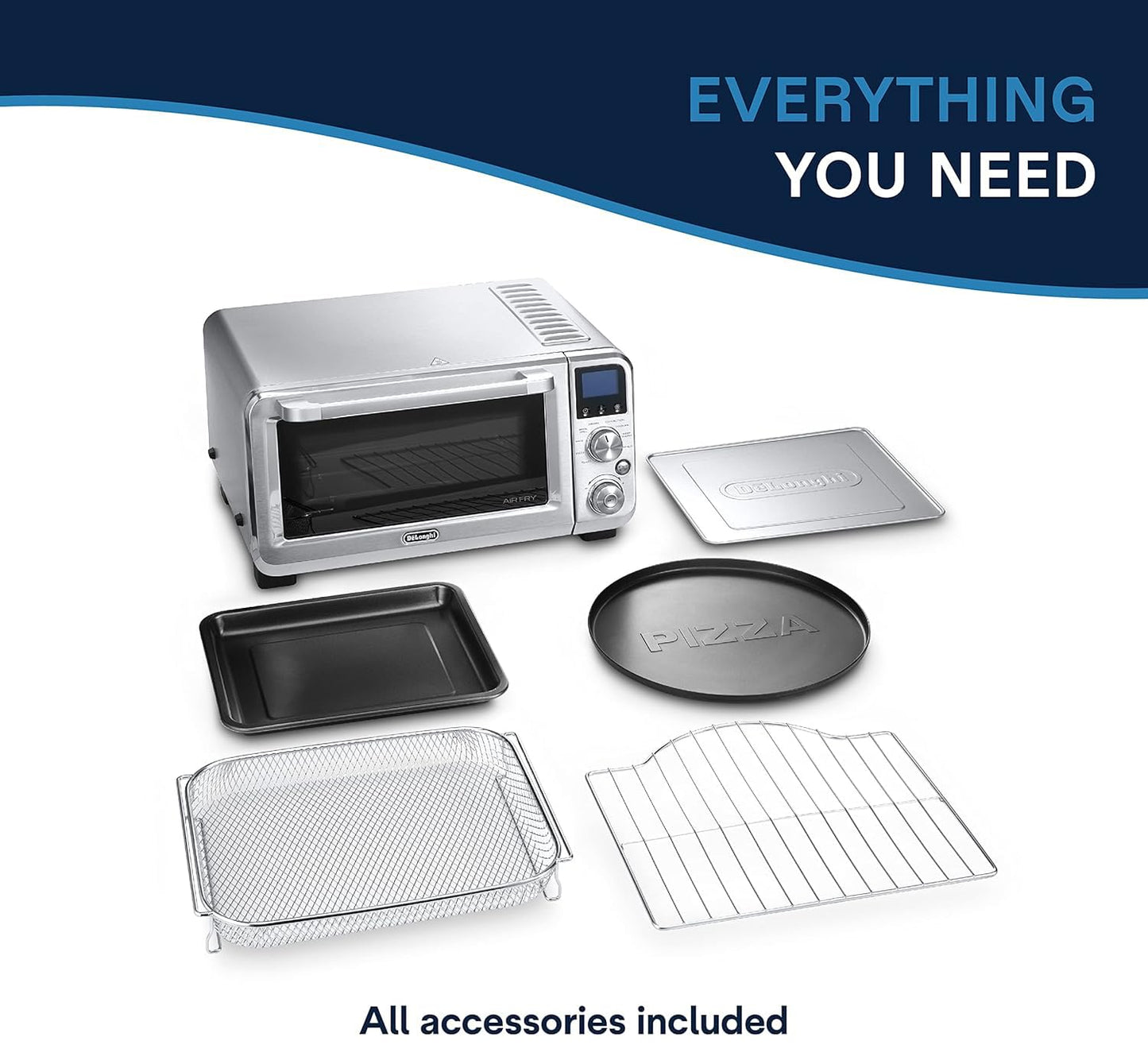 De'Longhi 10-in-1 Digital AirFryer, 24L, True Convection Toaster Oven with Internal Light, Grills, Broils, Bakes, Roasts, Reheats, Preset for Cookie & Pizza, 1800-Watts, Stainless Steel