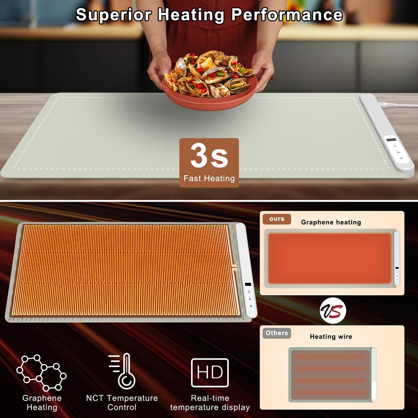 FYY Extra Large Warming Mat for Food - Rapid and Full Surface Heating, 6 Temp Settings, 6H Timer, Rollable Portable Food Warming Mat for Gatherings, Parties, Keep Meal Warm (XX Large Size, Khaki)