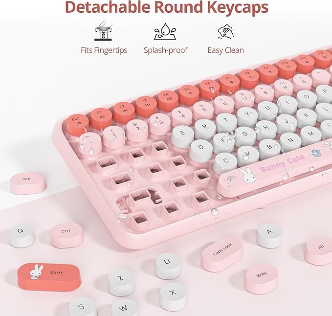 Owpkeenthy Cute Keyboard and Mouse Wireless, Colorful Keyboard Retro Typewriter Style Full-Sized with Number Pad Round Keys for Desktop, Laptop and Computerr (Bunny Pink)