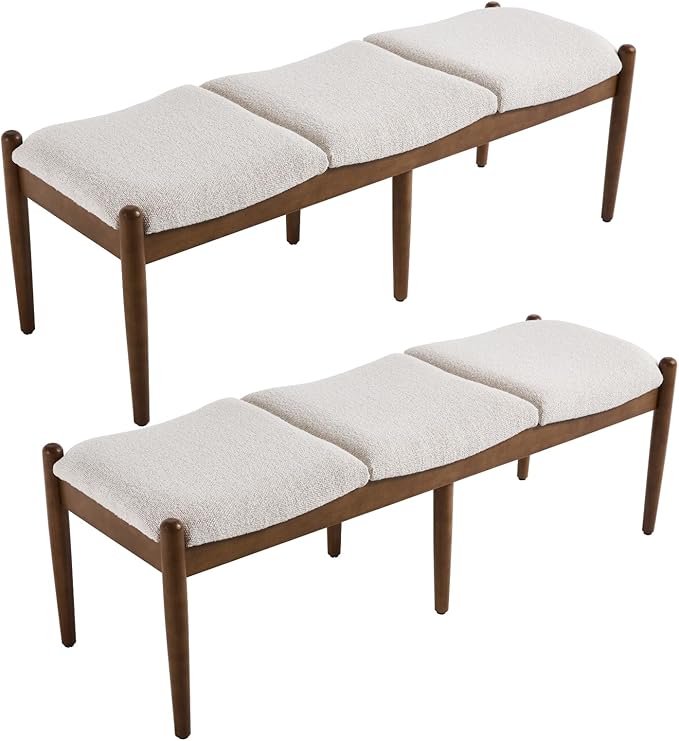 RIVOVA 54.25" Modern Ottoman Benchs Set of 2 Upholstered Sherpa Bedroom End of Bed Bench Boho Bench Long Seating Bench Entryway Stool with Wood Legs for Living Room/Foyer, Beige