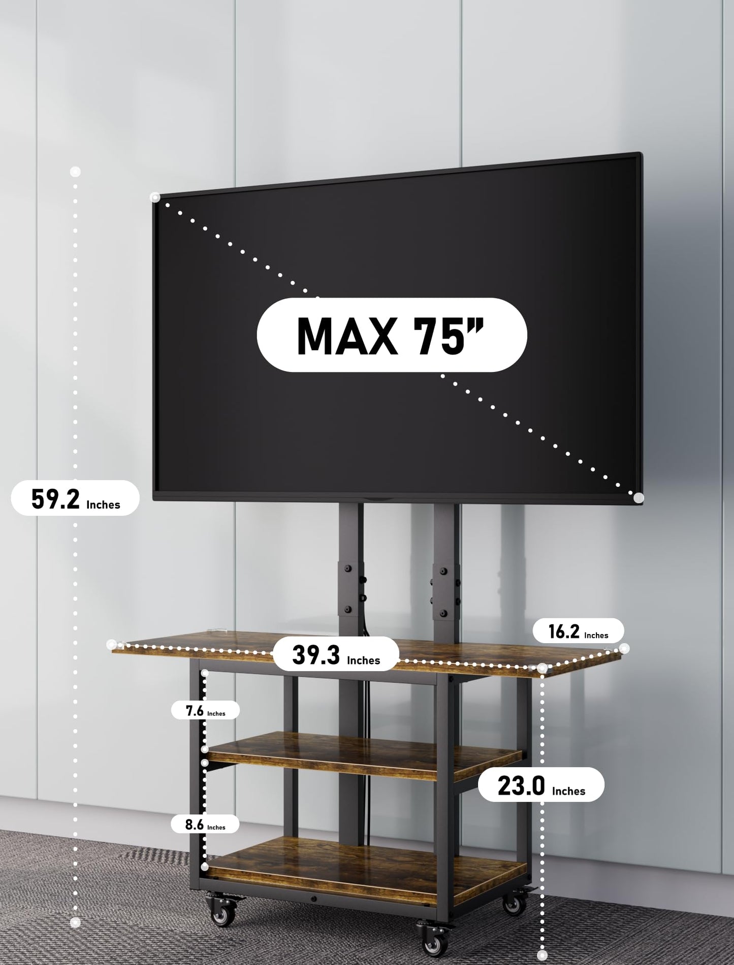 EZISE Heavy Duty Mobile TV Cart with 3-Tier Shelves, Height Adjustable Rolling TV Stand for 32-75 inch TVs up to 150 lbs, Portable TV Stand with Wheels for Home & Office, Max VESA 600×400mm(Retro)