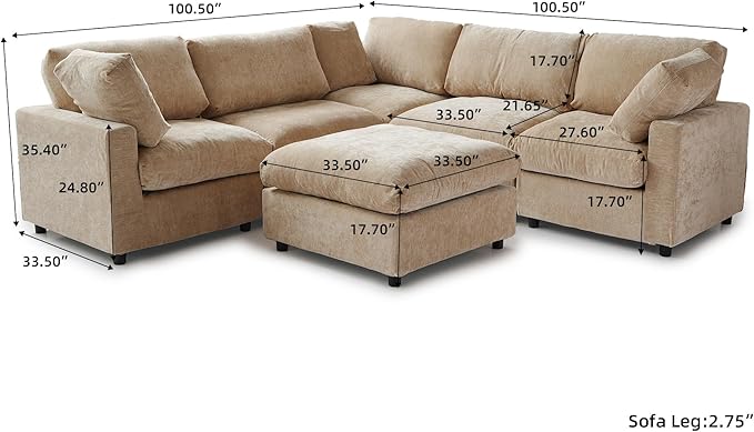 WJShome Cloud Couch Modular Sectional Sofa,100.5" V Shaped Couch, Convertible Wide Seater with Ottoman, 6 Seater for Living Room Set,Covers Washable&Replaceable,Khkai