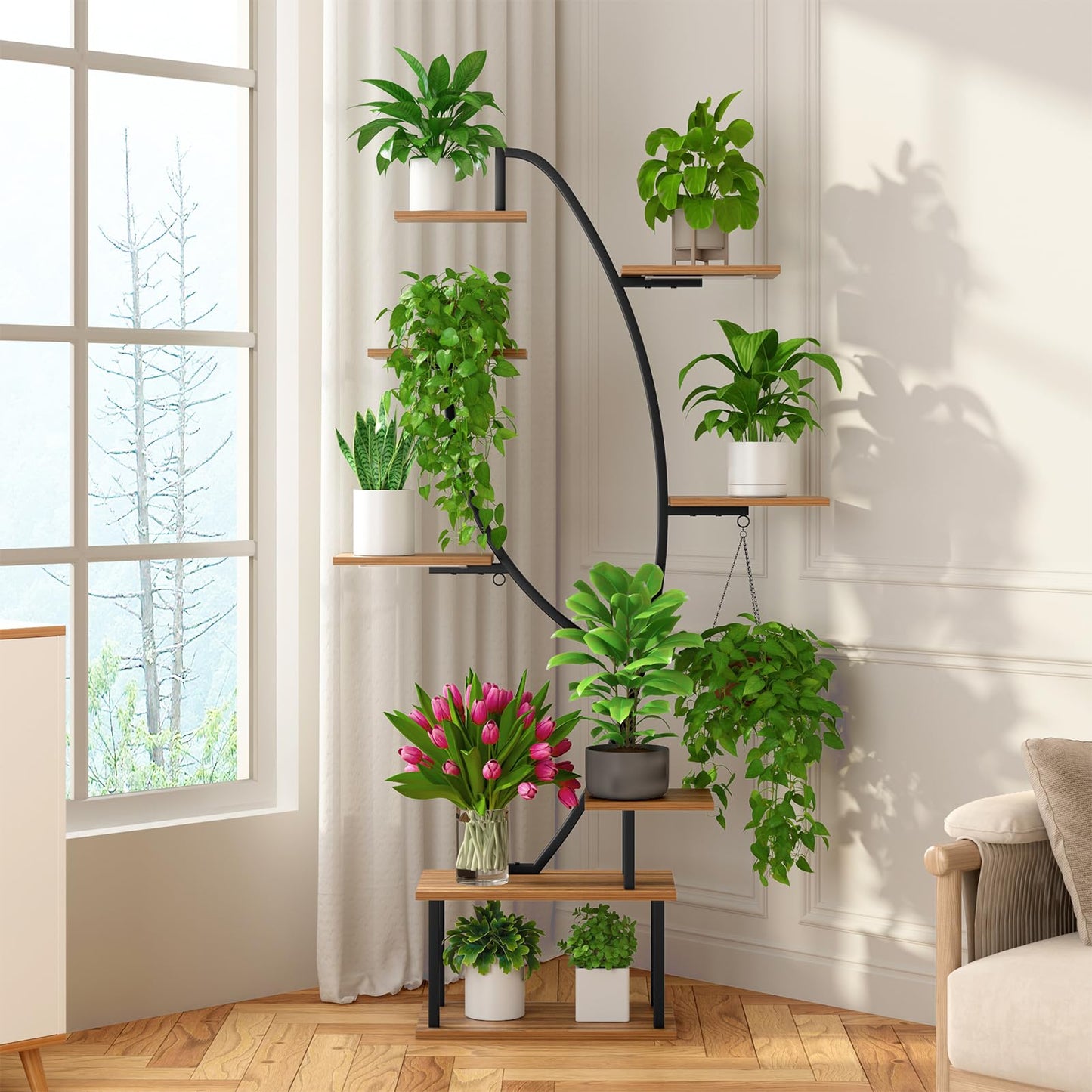 Zekoled Plant Stand Indoor with Grow Lights, Multi-layer Tall Metal Plants Shelf, Corner Plant Stand Indoor with Cable Ties & Safe Straps for Living Room, Patio (Swan Neck)