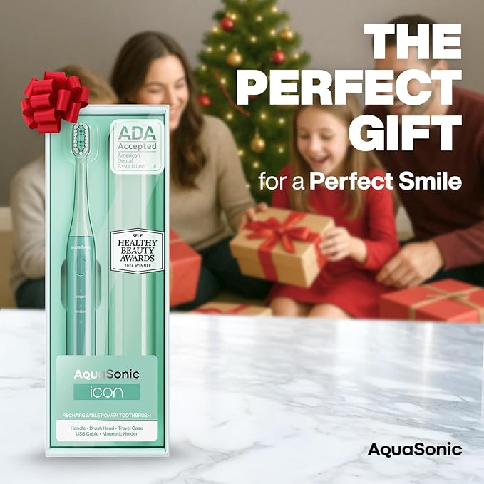 Aquasonic Icon ADA-Accepted Rechargeable Toothbrush | Magnetic Holder & Slim Travel Case | 2 Brushing Modes & Smart Timers | Gentle Micro-Vibrations (Mint)