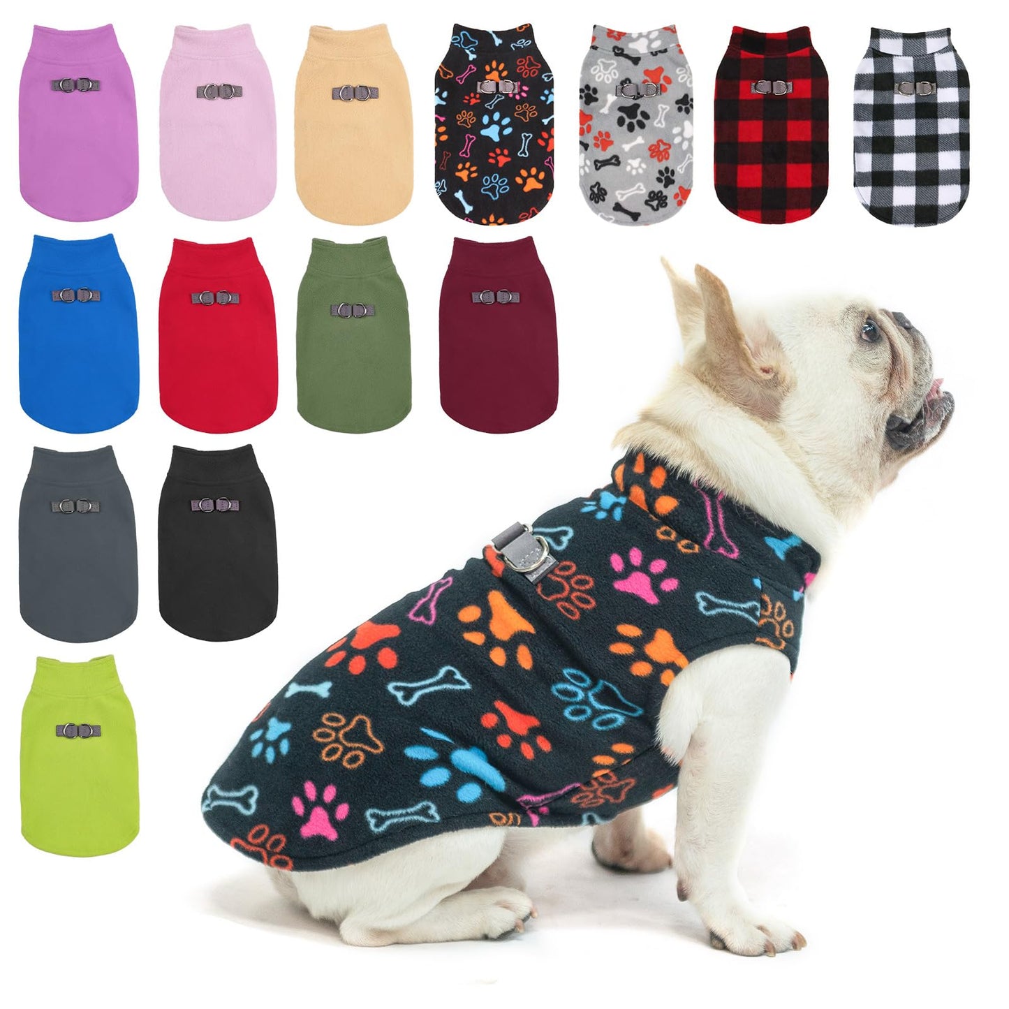 BEAUTYZOO Small Dog Sweater Fleece Vest Winter Jacket, D-Ring Leash Attachment for XS S Puppy Medium Sized Breeds Dogs, Cold Weather Dog Clothes Windproof Keep Warm, Bones Paw Pattern S