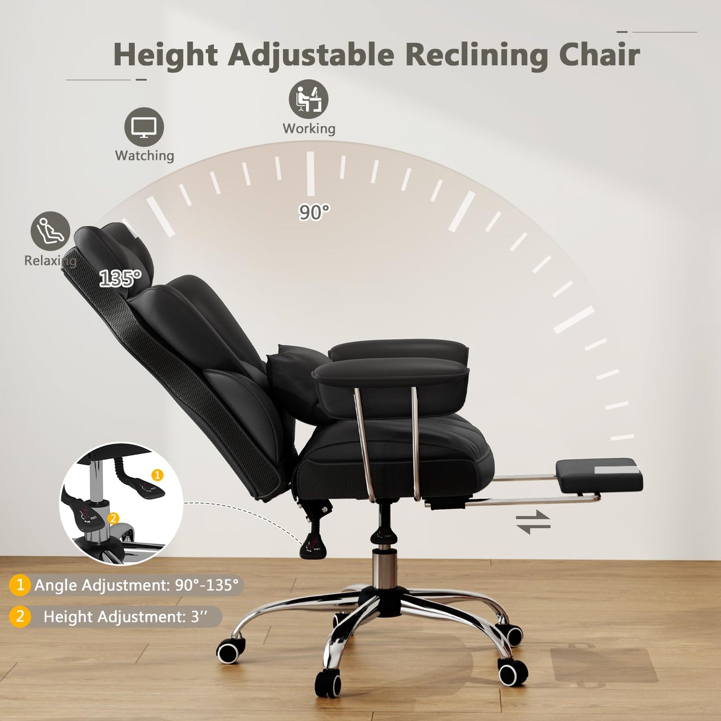 Giantex Office Desk Chair, Big and Tall Executive Office Chair with Foot Rest and Lumbar Support, High Back Leather Swivel Computer Task Chair, Large Ergonomic Reclining Home Office Chair, Black