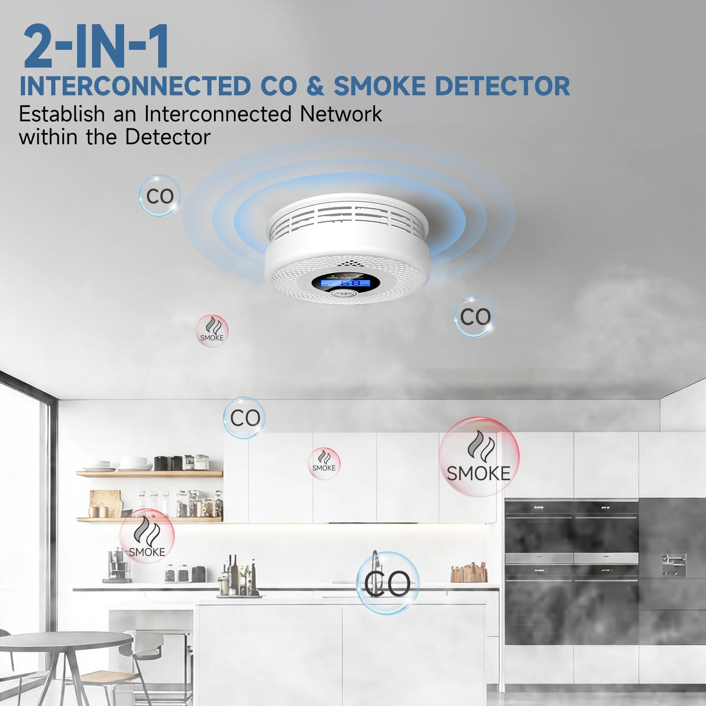 Interconnected 2-in-1 Smoke & Carbon Monoxide Detector with Digital LCD Display, 85dB Loud Alarm, RF Linking for Whole Home Safety, Easy Install for Bedroom, Hallway, RV