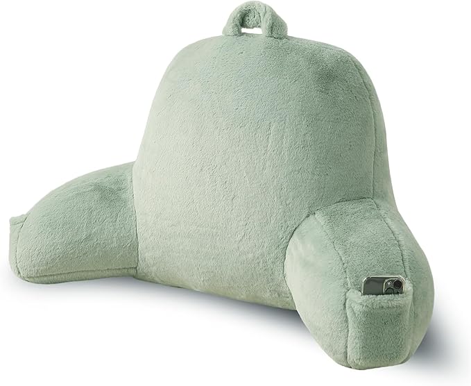 PAJEO Reading Pillow for Sitting in Bed, Large Backrest Reading Pillow with Arm Rest,Back-Rest Support Cushion for Sit Up on Couch, Sofa, and Floor, Dorm Essentials (Green Faux Fur, Standard(17"))