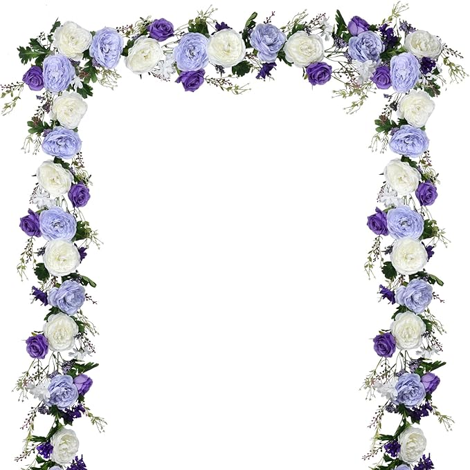 DearHouse 2Pack Artificial Peony Flower Garland - Silk Peony Garland with Purple White Flowers for Wedding Party Table Decoration,6ft/Strand(White&Purple&Dark Purple)
