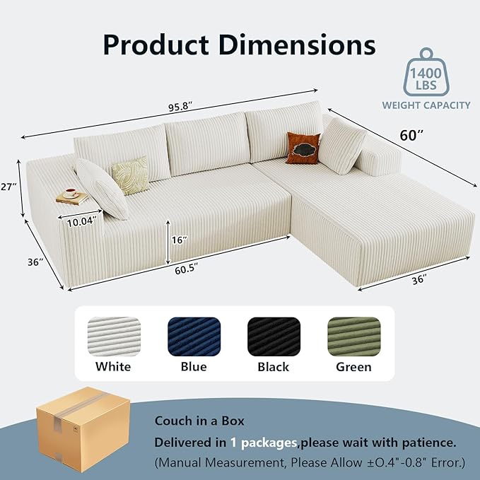 96" Cloud Sectional Couch with L-Shape Chaise, Modern Corduroy Boneless Couch for Living Room,Memory Foam Sofa with Deep Seat,No Assembly Required (White,Right-Facing Chaise)
