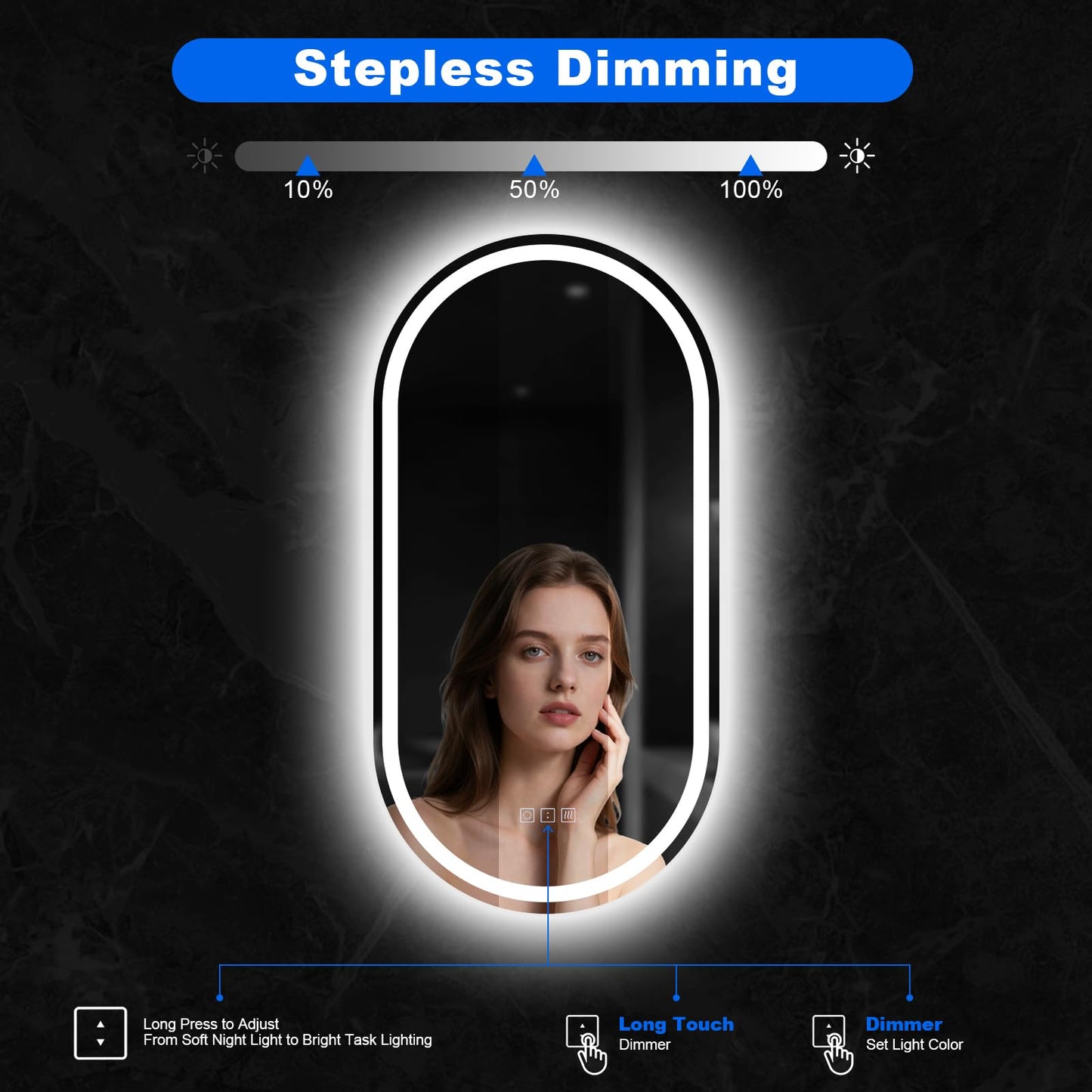 QAOYEDE 40x20 Inch LED Bathroom Vanity Mirror with Lights, Oval Smart Wall Mirrors, Front Lighted+Backlit, Touch Control, 3 Color Switch, Tempered Glass, Vertically Only, UL Recognized