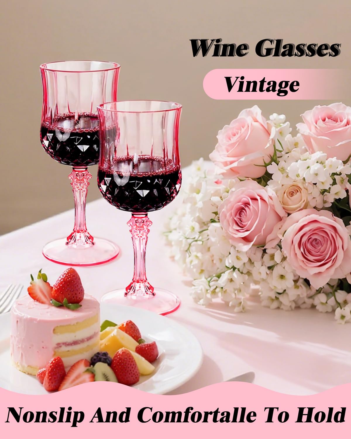 Ciaell 24PCS Pink Plastic Wine Glasses - 7 Oz Plastic Goblets for Party - Pink Vintage Drinking Glasses - Disposable Water Goblets Set for Wedding, Bar, Wine, Beer, Juice, Cocktail, Whiskey