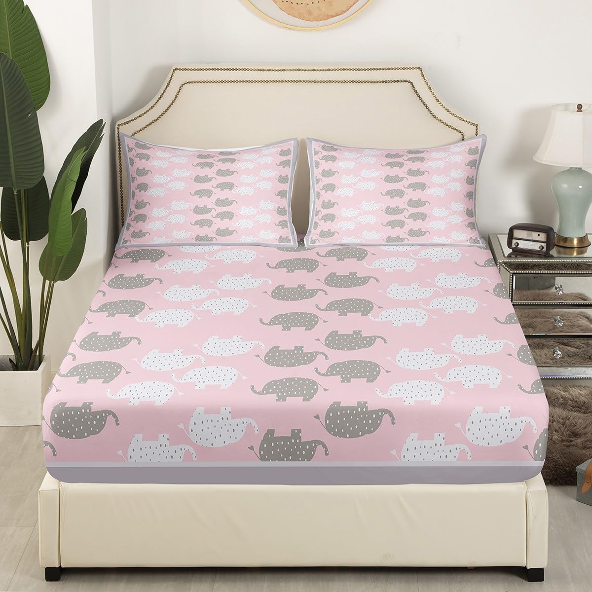 Castle Fairy Kawaii Elephant Fitted Sheet Twin Size,Cute White Gray Elephant Silhouette Soft and Luxury Sheet Set,Cartoon Pink Animals Grid Bedding All Round Elastic Pocket,for Kids Boys Room