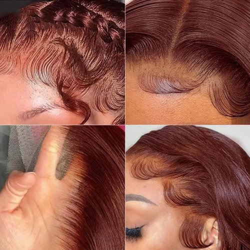 RQY Reddish Brown Bob Wig Human Hair 13x4 Color Straight Lace Front Wigs Human Hair Bob 180% Density Short Brown Lace Front Wigs Human Hair Per Plucked with Baby Hair（33# Brown Bob Wig 14inch）