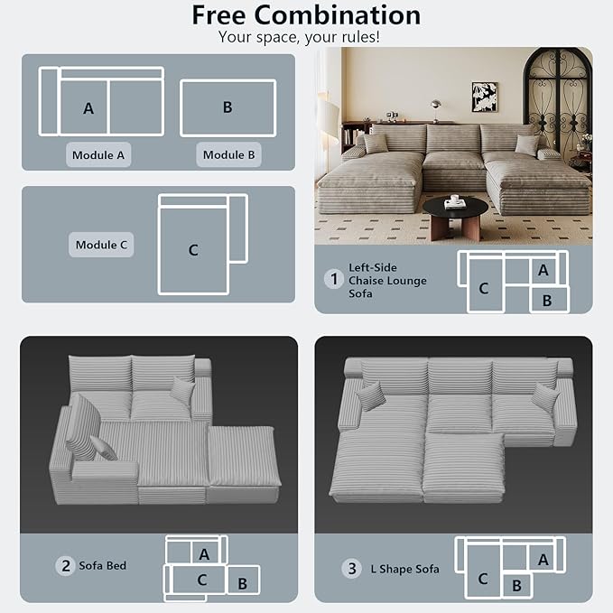 107" Cloud Sectional Couch U-Shaped Chaise with Ottoman, Corduroy Boneless Couch for Living Room Bedroom, Deep-Seat Upholstered Modular Cloud Sofa, No Assembly Required (Camel, Left Facing Chaise)