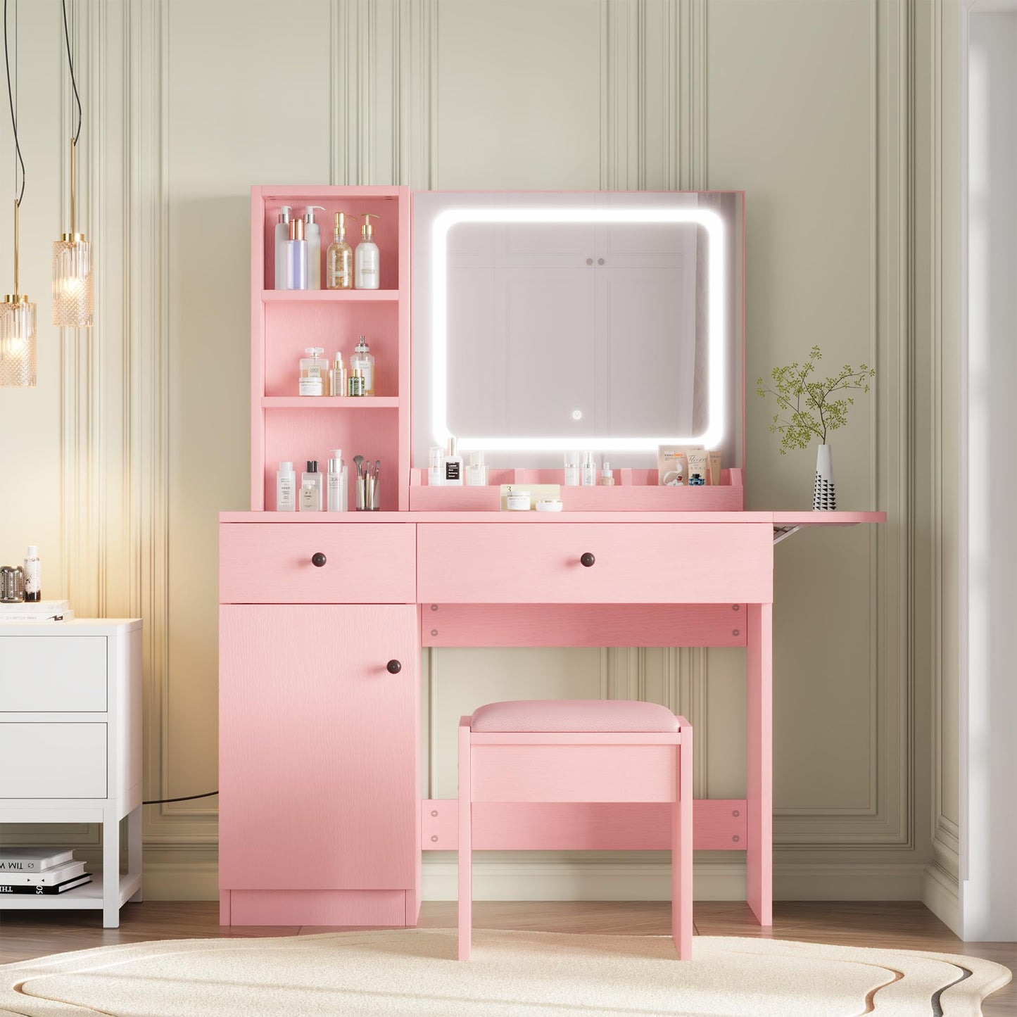 Garvee Vanity Desk with Mirror & Light, Makeup Vanity Table with Charging Station, Large Storage Cabinet & 2 Drawers & 3 Open Shelves, 3 Lighting Modes Adjustable Brightness, Bedroom Dressing, Pink