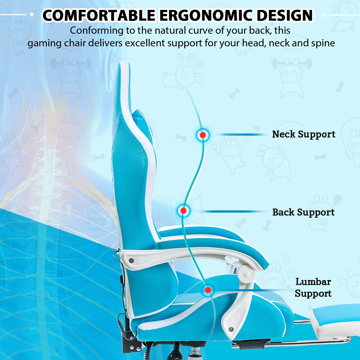 RGB Gaming Chair with LED Lights and Massage Ergonomic Computer Chair Cute with Footrest High Back Video Game Chair with Adjustable Lumbar Support Linkage Armrest Light Blue and White