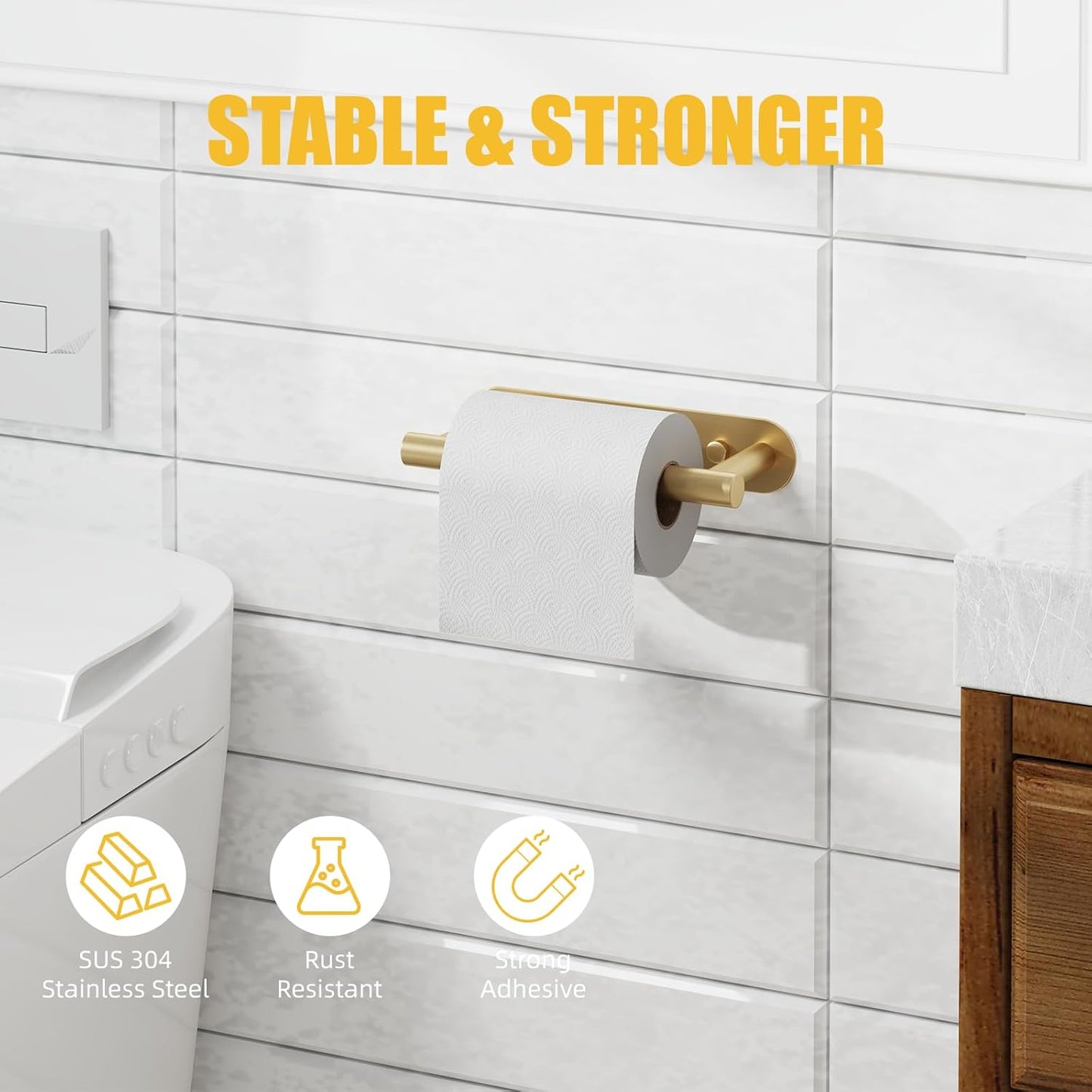 BESy Adhesive or Screw Toilet Paper Holder Wall Mount Rustproof Modern Roll Holder Flexible Pivoting Adjustable Tissue Handle with Self Adhesive or Mounted with Screws Stainless Steel Brushed Gold