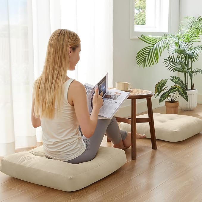SM-XLHN Meditation Floor Pillow Set of 6, Square Large Pillows Seating for Adults, Meditation Cushion Pillow,Tufted Corduroy Cushion for Tatami Living Room or Yoga, Beige, 22x22 Inch