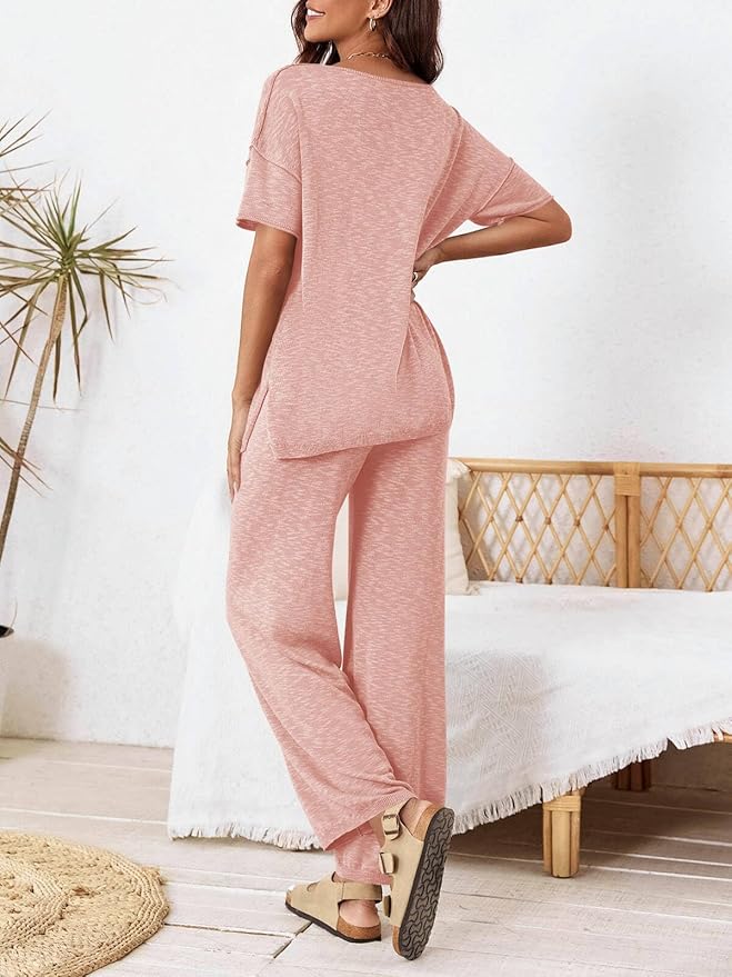 Tankaneo Women's 2 Piece Travel Outfits Casual Short Sleeve Knit Sweater Set Wide Leg Pants Lounge Sets Tracksuit