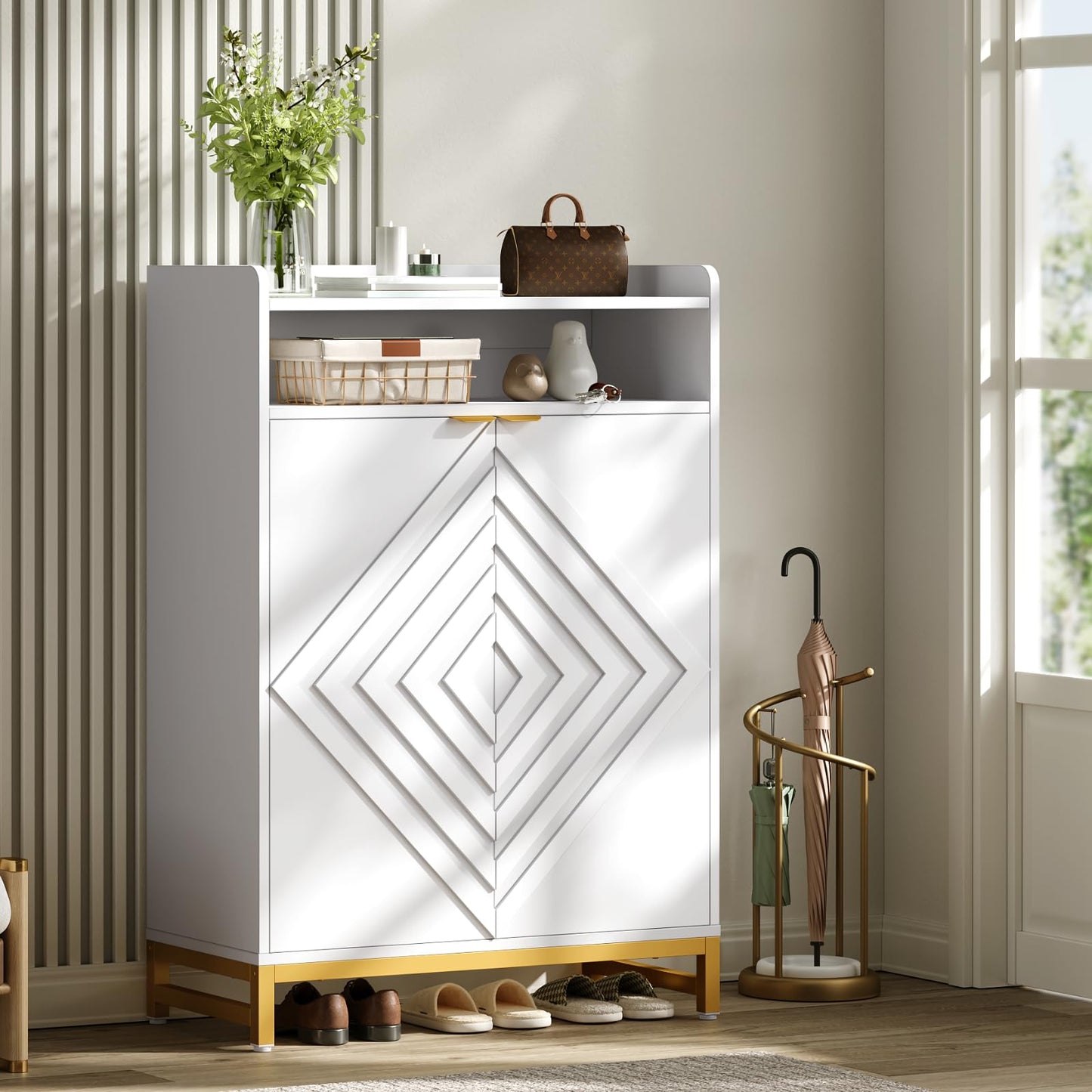 ONBRILL Shoes Cabinet for Entryway,6-Tier Shoe Storage Cabinet with Hombus Line Doors and Adjustable Shelves, Wooden Shoes Rack Modern Shoe Storage Organizer for Hallway, Living Room, White & Gold