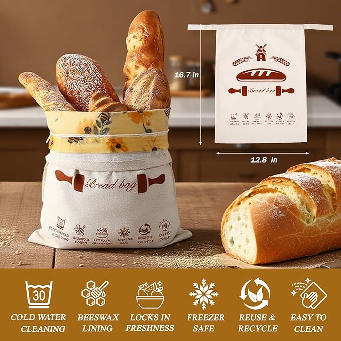 Beeswax Bread Bags with Zipper for Homemade Bread & Sourdough, Reusable Natural Cotton Lined Storage with Easy-Clean Detachable Design, Freezer Safe Freshness Bag