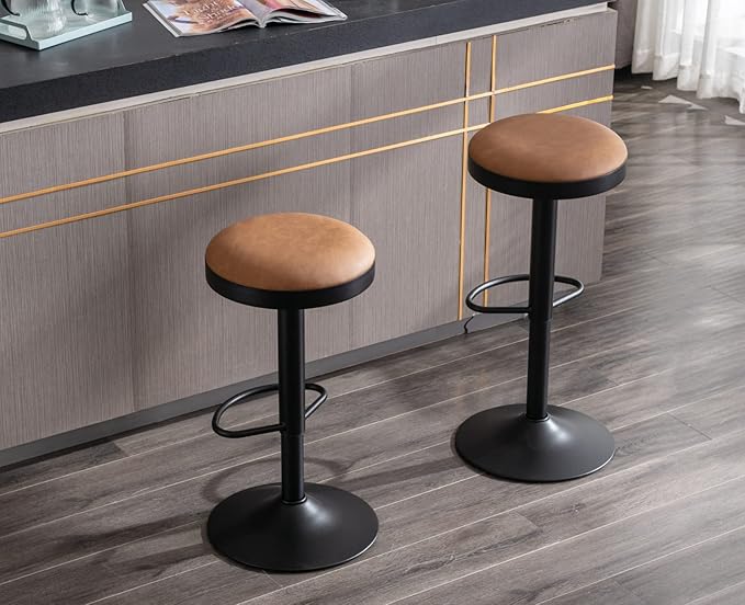 EALSON Modern Swivel Bar Stools Set of 6 Adjustable Counter Height Backless Barstools with Metal Base Leather Upholstered Round Bar Stool Chairs for Kitchen Island/Pub/Breakfast Bar, Brown
