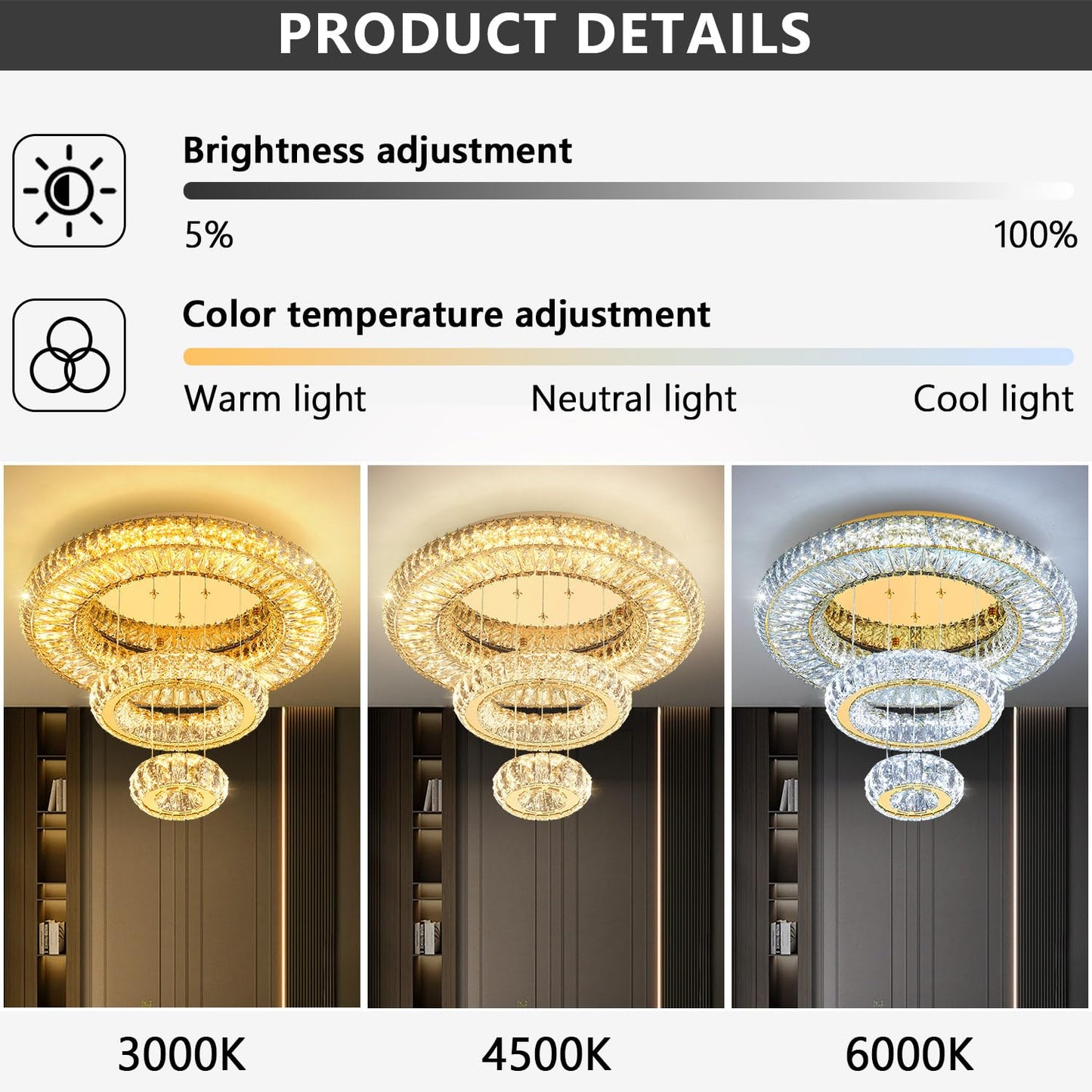 24'' Modern Crystal Chandeliers for Living Room LED Dimmable Ceiling Light Fixtures for Flush Mount Light for Bedrooms Foyer Hallway Entryway Gold