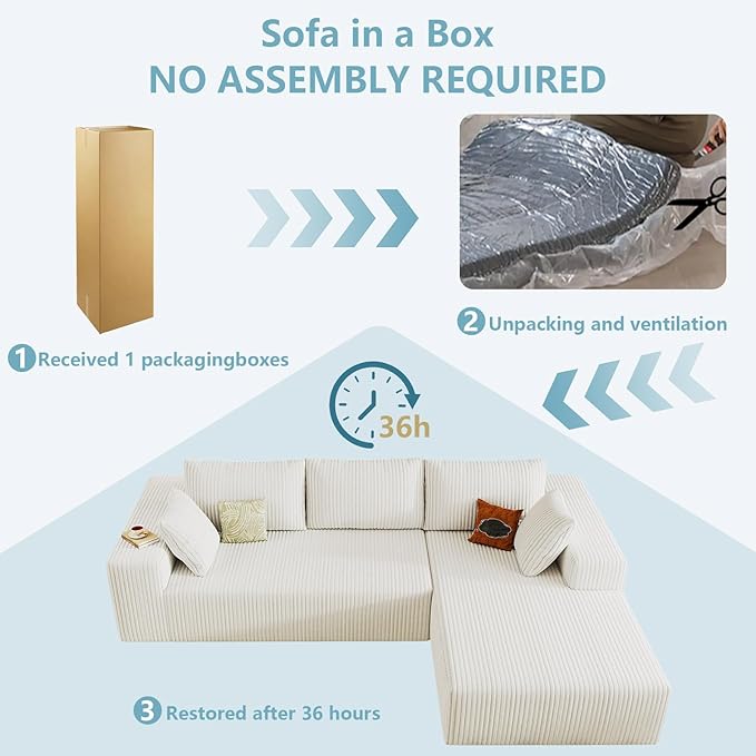 96" Cloud Sectional Couch with L-Shape Chaise, Modern Corduroy Boneless Couch for Living Room,Memory Foam Sofa with Deep Seat,No Assembly Required (White,Right-Facing Chaise)