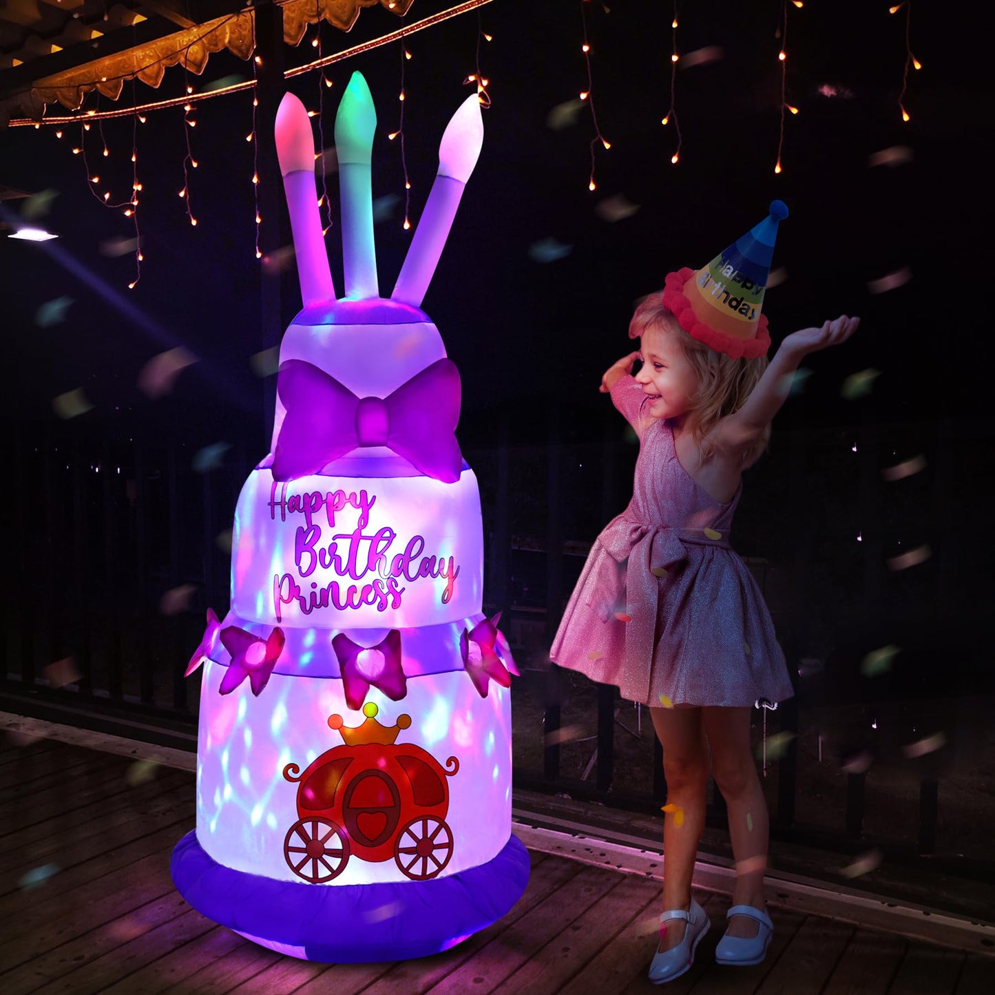GIFTFIND 4.5Ft Inflatable Birthday Cake with Rotating Fairy Lights, Outdoor Birthday Party Decoration Cake with Candles, Holiday Blow Up Celebration Decor for Indoor Outdoor Yard Lawn, Pink Princess