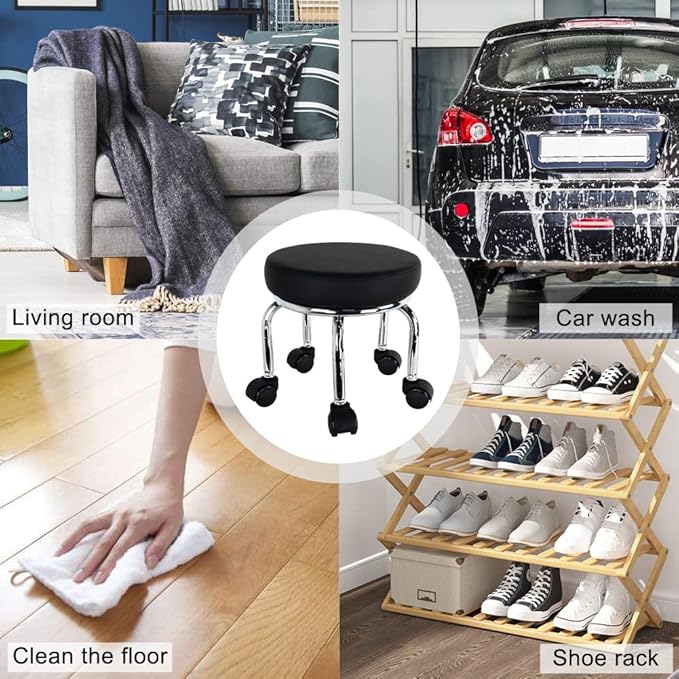 WKWKER Modern Roller Seat PU Leather Low Round Rolling Stool 360° Swivel Small Low Seat with Universal Caster Wheels Foot Stool for Home Office Garage Shop Fitness Sport H：12.4" （Black）
